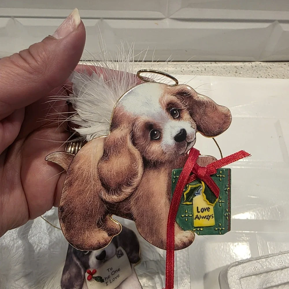 The Bradford Editions  Heavenly Waggn Tails Angel‎ Dog Porcelain Ornaments 4pc